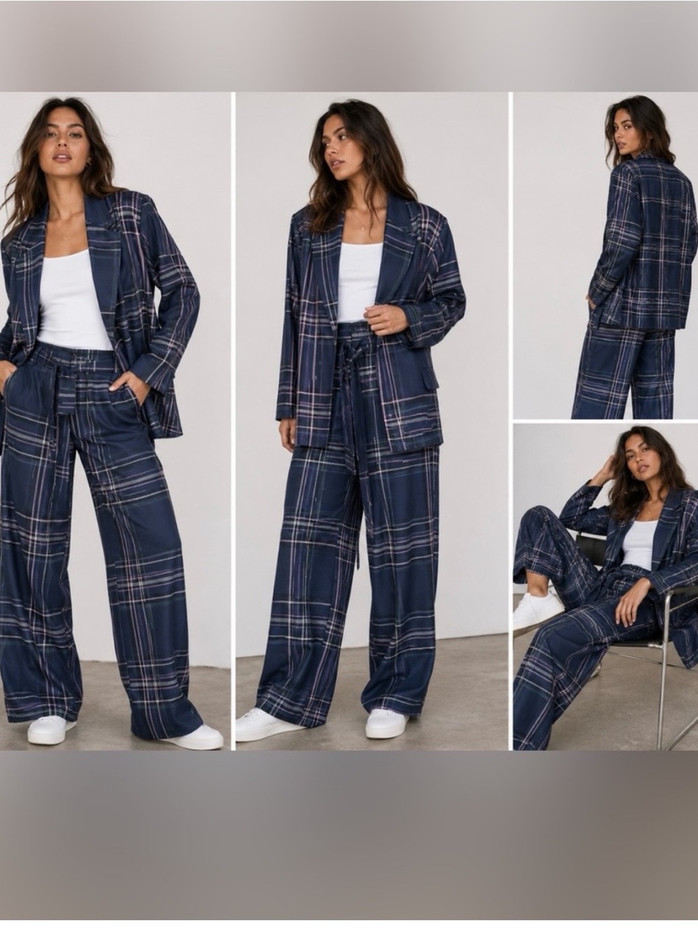 New 3 pieces 7 For All Mankind navy plaid blazer & wide leg pants Pants / top 16